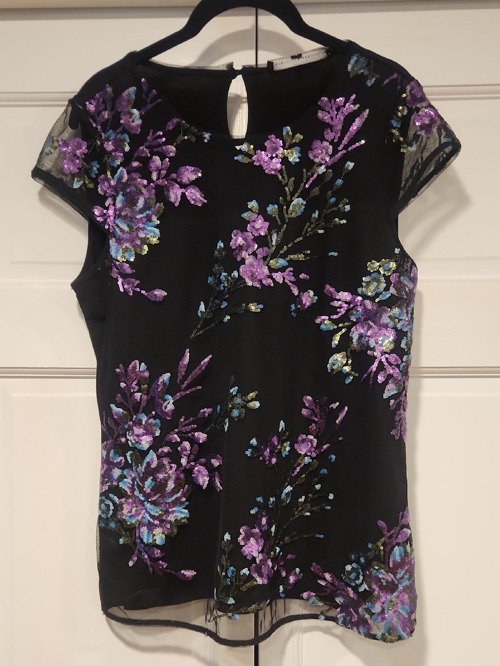 NWT - WHBM Black Mesh Top with Purple & Blue Floral Sequin Embroidery
